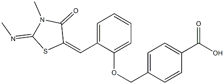 4-[(2-{[3-methyl-2-(methylimino)-4-oxo-1,3-thiazolidin-5-ylidene]methyl}phenoxy)methyl]benzoic acid Struktur