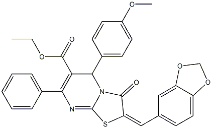 ethyl 2-(1,3-benzodioxol-5-ylmethylene)-5-(4-methoxyphenyl)-3-oxo-7-phenyl-2,3-dihydro-5H-[1,3]thiazolo[3,2-a]pyrimidine-6-carboxylate Struktur