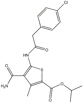 isopropyl 4-(aminocarbonyl)-5-{[(4-chlorophenyl)acetyl]amino}-3-methylthiophene-2-carboxylate Struktur