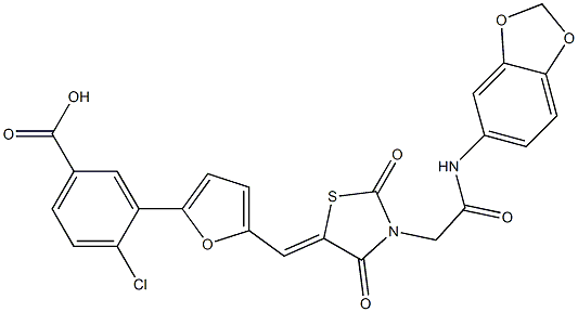 3-[5-({3-[2-(1,3-benzodioxol-5-ylamino)-2-oxoethyl]-2,4-dioxo-1,3-thiazolidin-5-ylidene}methyl)-2-furyl]-4-chlorobenzoic acid Struktur