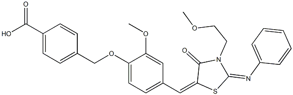 4-[(2-methoxy-4-{[3-(2-methoxyethyl)-4-oxo-2-(phenylimino)-1,3-thiazolidin-5-ylidene]methyl}phenoxy)methyl]benzoic acid Struktur