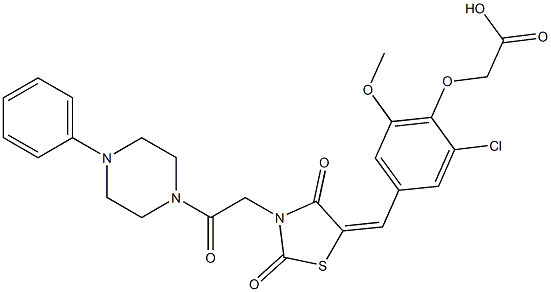 [2-chloro-4-({2,4-dioxo-3-[2-oxo-2-(4-phenylpiperazin-1-yl)ethyl]-1,3-thiazolidin-5-ylidene}methyl)-6-methoxyphenoxy]acetic acid Struktur