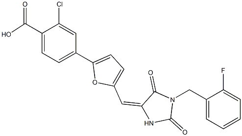 2-chloro-4-(5-{[1-(2-fluorobenzyl)-2,5-dioxo-4-imidazolidinylidene]methyl}-2-furyl)benzoic acid Struktur