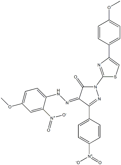 1-[4-(4-methoxyphenyl)-1,3-thiazol-2-yl]-3-(4-nitrophenyl)-1H-pyrazole-4,5-dione 4-[N-(4-methoxy-2-nitrophenyl)hydrazone] Struktur