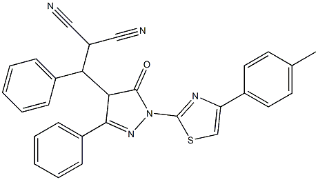 2-[{1-[4-(4-methylphenyl)-1,3-thiazol-2-yl]-5-oxo-3-phenyl-4,5-dihydro-1H-pyrazol-4-yl}(phenyl)methyl]malononitrile Struktur