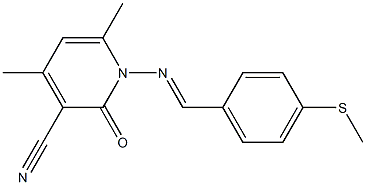 4,6-dimethyl-1-({(E)-[4-(methylsulfanyl)phenyl]methylidene}amino)-2-oxo-1,2-dihydro-3-pyridinecarbonitrile Struktur