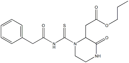 propyl 2-(3-oxo-1-{[(2-phenylacetyl)amino]carbothioyl}-2-piperazinyl)acetate Struktur