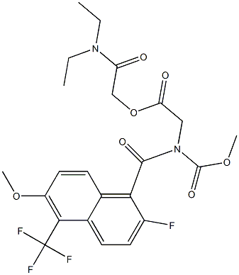 2-[N-Methoxycarbonyl-N-[[2-fluoro-6-methoxy-5-trifluoromethyl-1-naphthalenyl]carbonyl]amino]acetic acid diethylaminocarbonylmethyl ester Struktur