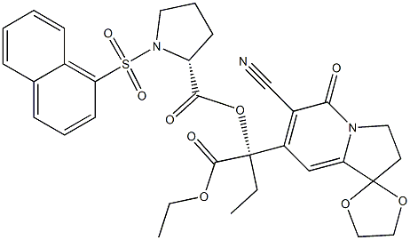 6-Cyano-7-[(S)-1-ethoxycarbonyl-1-[[(2R)-1-[(1-naphtyl)sulfonyl]-2-pyrrolidinyl]carbonyloxy]propyl]-2,3-dihydrospiro[indolizine-1,2'-[1,3]dioxolan]-5-one Struktur