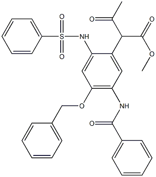 2-(5-Benzoylamino-4-benzyloxy-2-phenylsulfonylaminophenyl)acetoacetic acid methyl ester Struktur