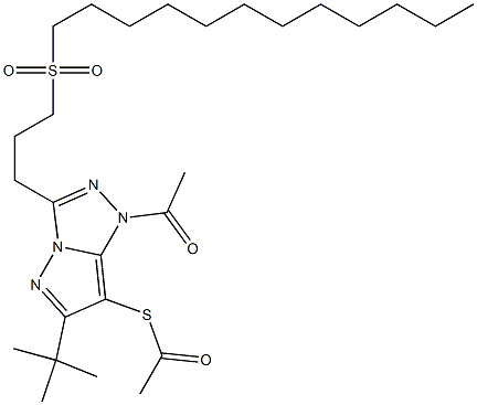 Thioacetic acid S-[1-acetyl-6-(1,1-dimethylethyl)-3-[3-[(dodecyl)sulfonyl]propyl]-1H-pyrazolo[5,1-c]-1,2,4-triazol-7-yl] ester Struktur