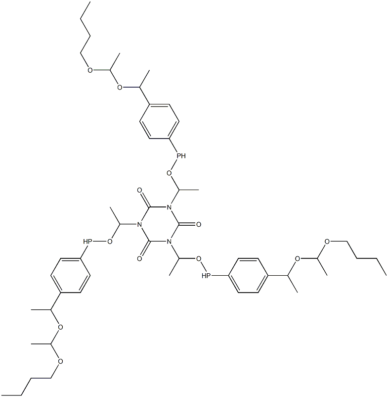 1,3,5-Tris[1-[4-[1-[(1-butoxyethyl)oxy]ethyl]phenylphosphinooxy]ethyl]-1,3,5-triazine-2,4,6(1H,3H,5H)-trione Struktur