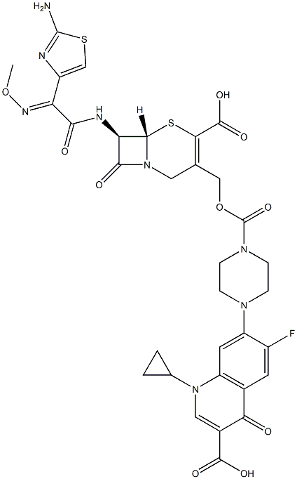 (7R)-7-[[(2-Amino-4-thiazolyl)(methoxyimino)acetyl]amino]-3-[[4-[(1-cyclopropyl-6-fluoro-3-carboxy-1,4-dihydro-4-oxoquinolin)-7-yl]-1-piperazinylcarbonyloxy]methyl]cepham-3-ene-4-carboxylic acid Struktur