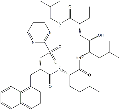 (2R,4S,5S)-N-(2-Methylpropyl)-5-[[(2S)-2-[[(2S)-2-(1-naphtylmethyl)-3-(pyrimidin-2-ylsulfonyl)propanoyl]amino]-1-oxohexyl]amino]-2-ethyl-4-hydroxy-7-methyloctanamide Struktur