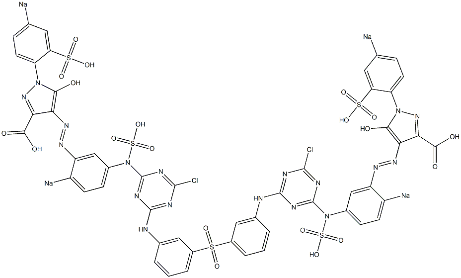 Bis[m-[4-[3-[3-carboxy-5-hydroxy-1-(p-sodiosulfophenyl)-1H-pyrazol-4-ylazo]-4-sodiosulfoanilino]-2-chloro-1,3,5-triazin-6-ylamino]phenyl] sulfone Struktur