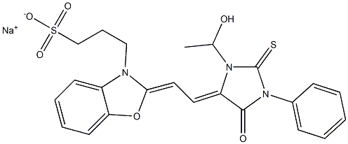 1-(1-Hydroxyethyl)-3-phenyl-5-[2-[2,3-dihydro-3-(3-sulfopropyl)benzoxazol-2-ylidene]ethylidene]-2-thioxoimidazolidin-4-one sodium salt Struktur