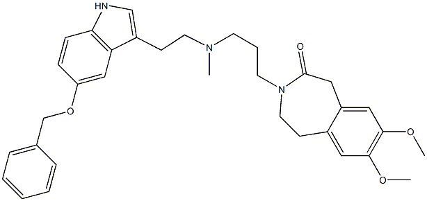 2,3-Dihydro-7,8-dimethoxy-3-[3-[N-[2-(5-benzyloxy-1H-indol-3-yl)ethyl]-N-methylamino]propyl]-1H-3-benzazepin-4(5H)-one Struktur