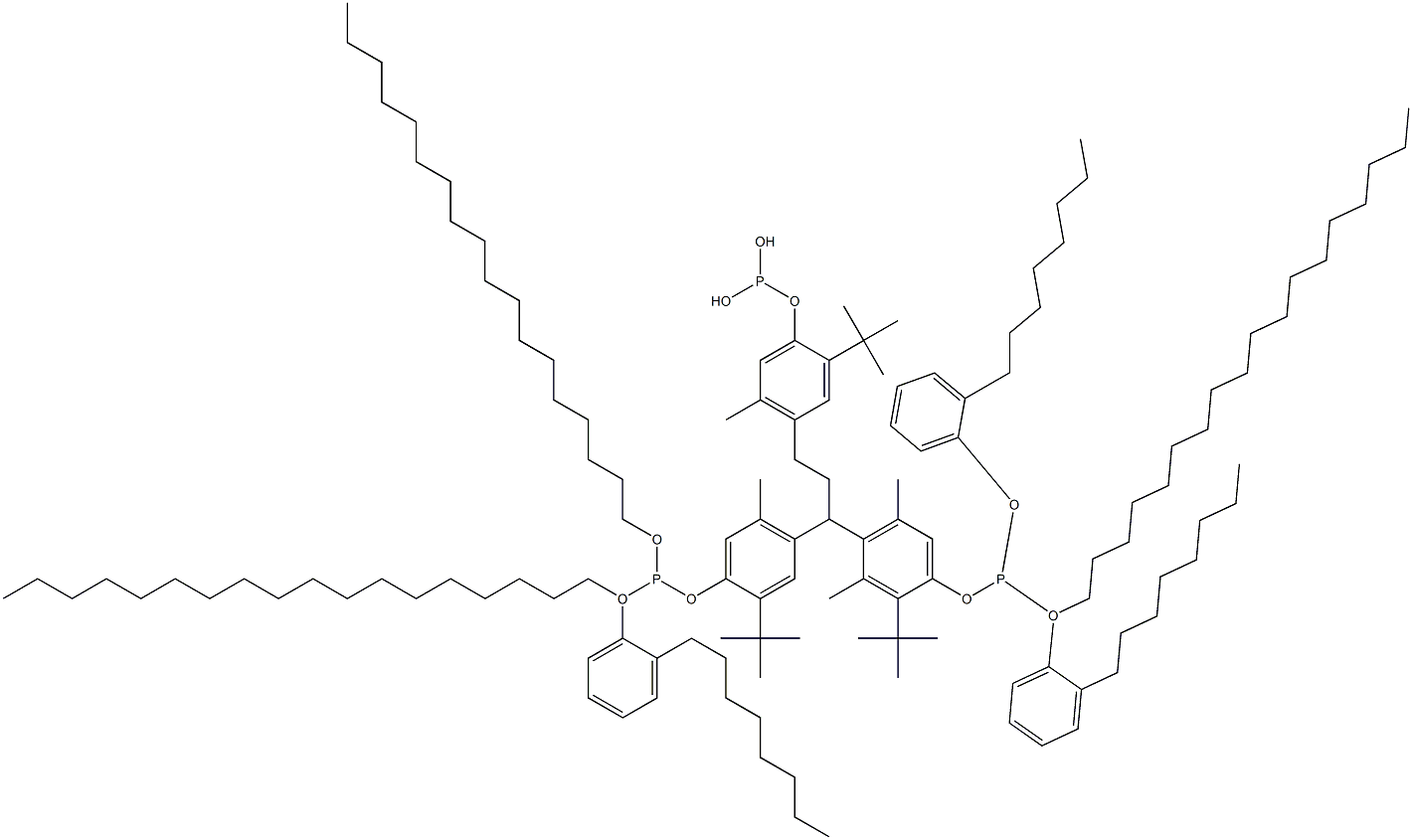 [3-Methyl-1,1,3-propanetriyltris(2-tert-butyl-5-methyl-4,1-phenyleneoxy)]tris(phosphonous acid)O,O',O''-Trioctadecyl O,O',O''-tris(2-octylphenyl) ester Struktur