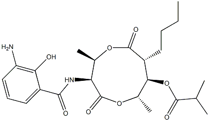 2-Methylpropanoic acid (3S,4R,7R,8R,9S)-3-[(3-amino-2-hydroxybenzoyl)amino]-4,9-dimethyl-2,6-dioxo-7-butyl-1,5-dioxonan-8-yl ester Struktur