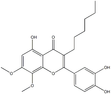 5-Hydroxy-2-(3,4-dihydroxyphenyl)-7,8-dimethoxy-3-hexyl-4H-1-benzopyran-4-one Struktur