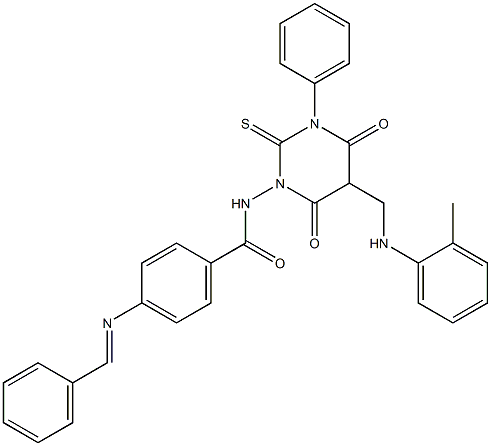 4-(Benzylideneamino)-N-[[hexahydro-4,6-dioxo-2-thioxo-3-(phenyl)-5-(2-methylphenylaminomethyl)pyrimidin]-1-yl]benzamide Struktur