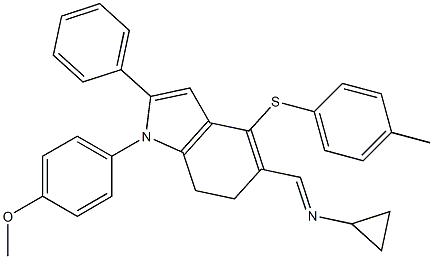 N-((E)-{1-(4-methoxyphenyl)-4-[(4-methylphenyl)sulfanyl]-2-phenyl-6,7-dihydro-1H-indol-5-yl}methylidene)cyclopropanamine Struktur