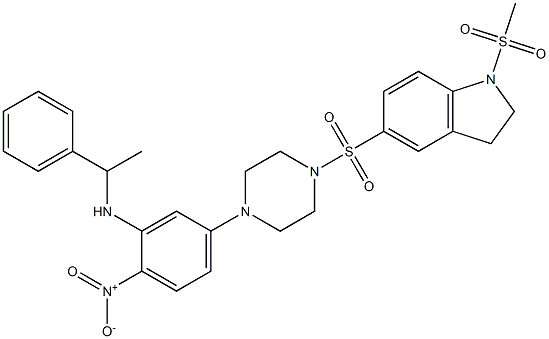 5-[(4-{4-nitro-3-[(1-phenylethyl)amino]phenyl}-1-piperazinyl)sulfonyl]-1-(methylsulfonyl)indoline Struktur