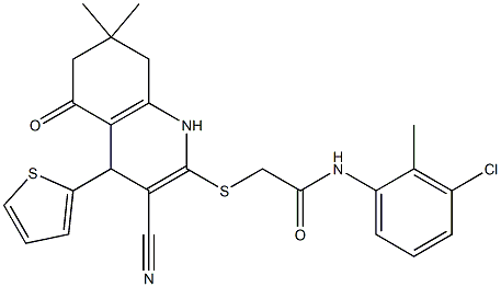 N-(3-chloro-2-methylphenyl)-2-{[3-cyano-7,7-dimethyl-5-oxo-4-(2-thienyl)-1,4,5,6,7,8-hexahydro-2-quinolinyl]sulfanyl}acetamide Struktur