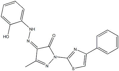 3-methyl-1-(4-phenyl-1,3-thiazol-2-yl)-1H-pyrazole-4,5-dione 4-[N-(2-hydroxyphenyl)hydrazone] Struktur