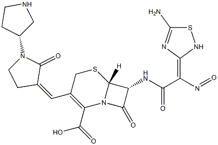 (6R,7R)-7-[[(2Z)-2-(5-amino-1,2,4-thiadiazol-3-ylidene)-2-nitroso-acetyl]amino]-8-oxo-3-[(E)-[2-oxo-1-[(3R)-pyrrolidin-3-yl]pyrrolidin-3-ylidene]methyl]-5-thia-1-azabicyclo[4.2.0]oct-2-ene-2-carboxylic acid Struktur