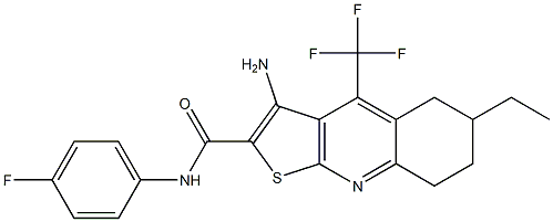 3-amino-6-ethyl-N-(4-fluorophenyl)-4-(trifluoromethyl)-5,6,7,8-tetrahydrothieno[2,3-b]quinoline-2-carboxamide Struktur