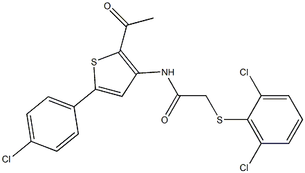 N1-[2-acetyl-5-(4-chlorophenyl)-3-thienyl]-2-[(2,6-dichlorophenyl)thio]acet amide Struktur