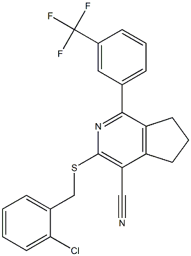 3-[(2-chlorobenzyl)sulfanyl]-1-[3-(trifluoromethyl)phenyl]-6,7-dihydro-5H-cyclopenta[c]pyridine-4-carbonitrile Struktur