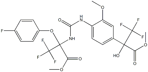 methyl 3,3,3-trifluoro-2-(4-fluorophenoxy)-2-[({2-methoxy-4-[2,2,2-trifluoro-1-hydroxy-1-(methoxycarbonyl)ethyl]anilino}carbonyl)amino]propanoate Struktur