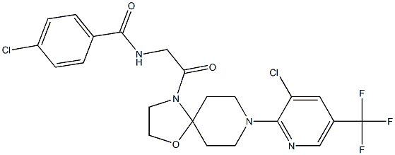 4-chloro-N-(2-{8-[3-chloro-5-(trifluoromethyl)-2-pyridinyl]-1-oxa-4,8-diazaspiro[4.5]dec-4-yl}-2-oxoethyl)benzenecarboxamide Struktur