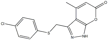 3-{[(4-chlorophenyl)thio]methyl}-4-methyl-1,6-dihydropyrano[2,3-c]pyrazol-6-one Struktur