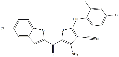 4-amino-5-[(5-chlorobenzo[b]furan-2-yl)carbonyl]-2-(4-chloro-2-methylanilino)thiophene-3-carbonitrile Struktur