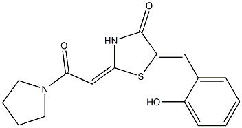 5-(2-hydroxybenzylidene)-2-(2-oxo-2-tetrahydro-1H-pyrrol-1-ylethylidene)-1,3-thiazolan-4-one Struktur