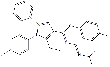 N-((E)-{1-(4-methoxyphenyl)-4-[(4-methylphenyl)sulfanyl]-2-phenyl-6,7-dihydro-1H-indol-5-yl}methylidene)-2-propanamine Struktur