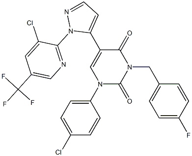 1-(4-chlorophenyl)-5-{1-[3-chloro-5-(trifluoromethyl)-2-pyridinyl]-1H-pyrazol-5-yl}-3-(4-fluorobenzyl)-2,4(1H,3H)-pyrimidinedione Struktur