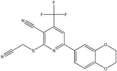 2-[(cyanomethyl)sulfanyl]-6-(2,3-dihydro-1,4-benzodioxin-6-yl)-4-(trifluoromethyl)nicotinonitrile Struktur