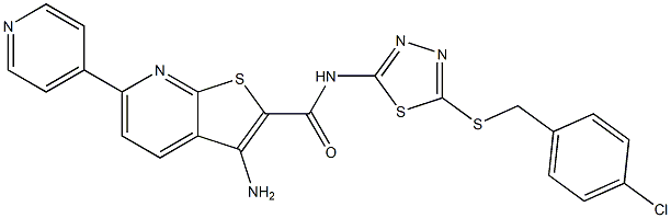 3-amino-N-{5-[(4-chlorobenzyl)sulfanyl]-1,3,4-thiadiazol-2-yl}-6-(4-pyridinyl)thieno[2,3-b]pyridine-2-carboxamide Struktur