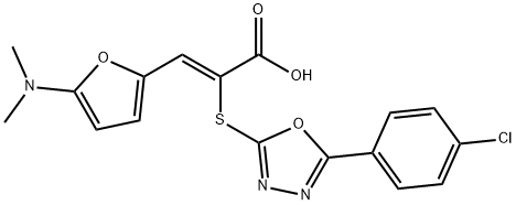 2-Propenoic  acid,  2-[[5-(4-chlorophenyl)-1,3,4-oxadiazol-2-yl]thio]-3-[5-(dimethylamino)-2-furanyl]-,  (2Z)- Struktur