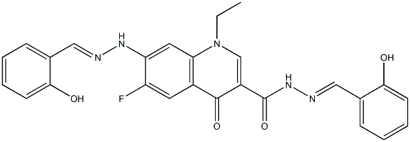 1-ethyl-6-fluoro-N'-(2-hydroxybenzylidene)-7-[2-(2-hydroxybenzylidene)hydrazino]-4-oxo-1,4-dihydro-3-quinolinecarbohydrazide Struktur