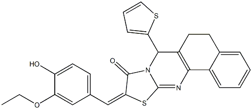 10-(3-ethoxy-4-hydroxybenzylidene)-7-(2-thienyl)-5,7-dihydro-6H-benzo[h][1,3]thiazolo[2,3-b]quinazolin-9(10H)-one Struktur