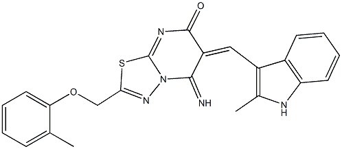 5-imino-6-[(2-methyl-1H-indol-3-yl)methylene]-2-[(2-methylphenoxy)methyl]-5,6-dihydro-7H-[1,3,4]thiadiazolo[3,2-a]pyrimidin-7-one Struktur