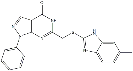 6-{[(6-methyl-1H-benzimidazol-2-yl)sulfanyl]methyl}-1-phenyl-1,5-dihydro-4H-pyrazolo[3,4-d]pyrimidin-4-one Struktur