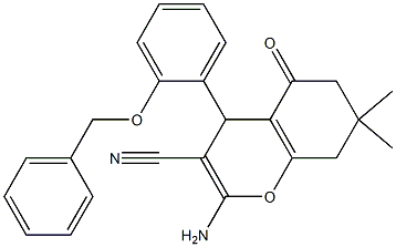 2-amino-4-[2-(benzyloxy)phenyl]-7,7-dimethyl-5-oxo-5,6,7,8-tetrahydro-4H-chromene-3-carbonitrile Struktur