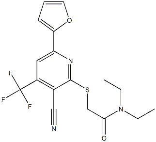 2-{[3-cyano-6-(2-furyl)-4-(trifluoromethyl)pyridin-2-yl]sulfanyl}-N,N-diethylacetamide Struktur