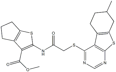 methyl 2-({[(7-methyl-5,6,7,8-tetrahydro[1]benzothieno[2,3-d]pyrimidin-4-yl)sulfanyl]acetyl}amino)-5,6-dihydro-4H-cyclopenta[b]thiophene-3-carboxylate Struktur